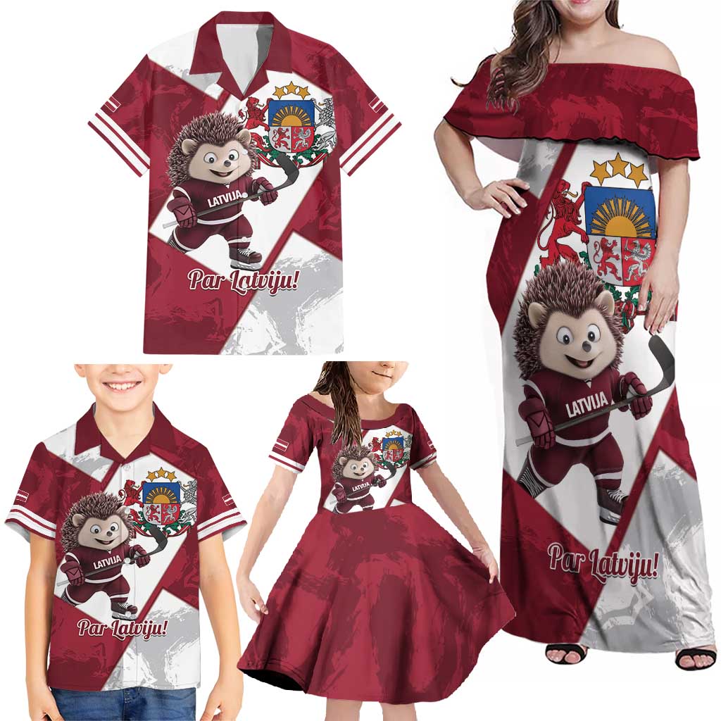 Latvia Hockey Custom Family Matching Off Shoulder Maxi Dress and Hawaiian Shirt Hedgehog Par Latviju!