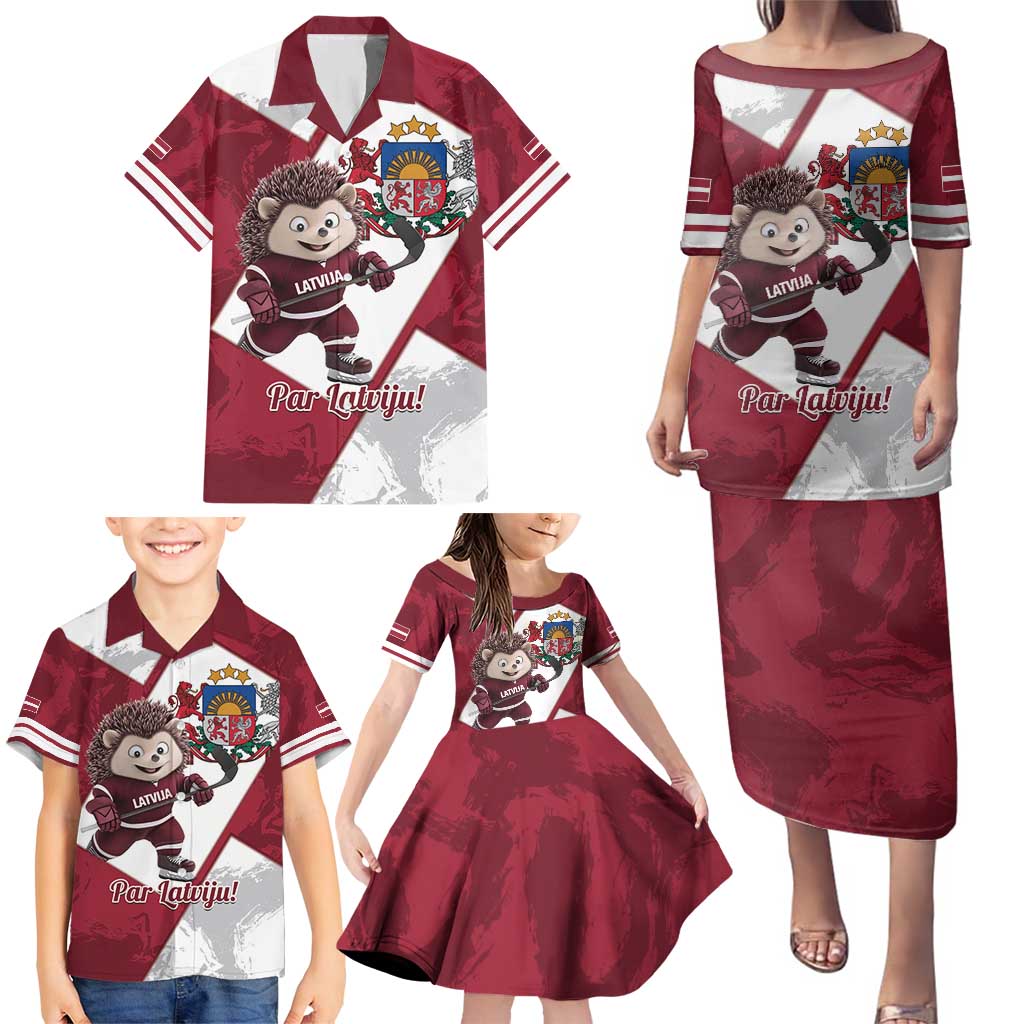 Latvia Hockey Custom Family Matching Puletasi and Hawaiian Shirt Hedgehog Par Latviju!