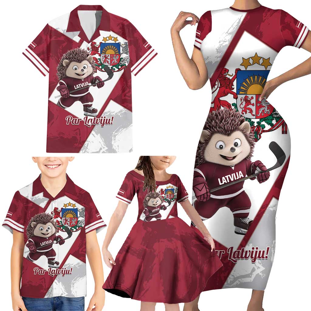 Latvia Hockey Custom Family Matching Short Sleeve Bodycon Dress and Hawaiian Shirt Hedgehog Par Latviju!