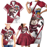 Latvia Hockey Custom Family Matching Short Sleeve Bodycon Dress and Hawaiian Shirt Hedgehog Par Latviju!