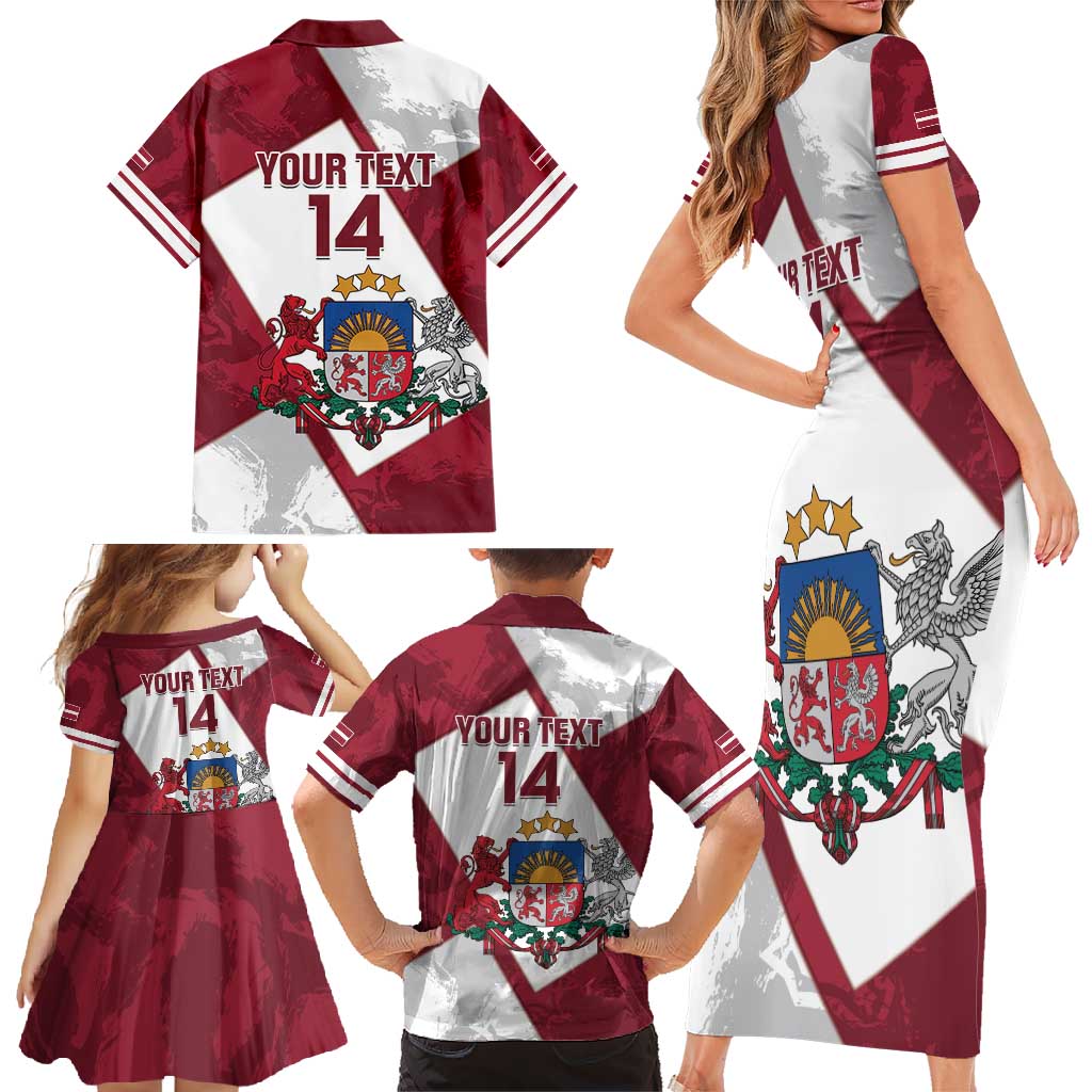 Latvia Hockey Custom Family Matching Short Sleeve Bodycon Dress and Hawaiian Shirt Hedgehog Par Latviju!