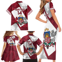 Latvia Hockey Custom Family Matching Short Sleeve Bodycon Dress and Hawaiian Shirt Hedgehog Par Latviju!