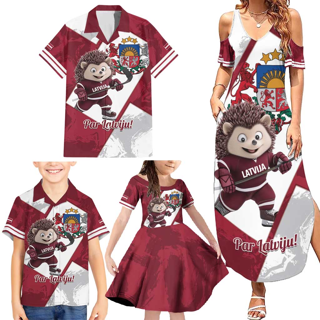 Latvia Hockey Custom Family Matching Summer Maxi Dress and Hawaiian Shirt Hedgehog Par Latviju!