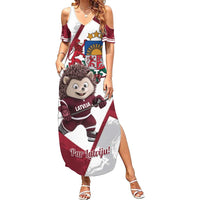 Latvia Hockey Custom Family Matching Summer Maxi Dress and Hawaiian Shirt Hedgehog Par Latviju!