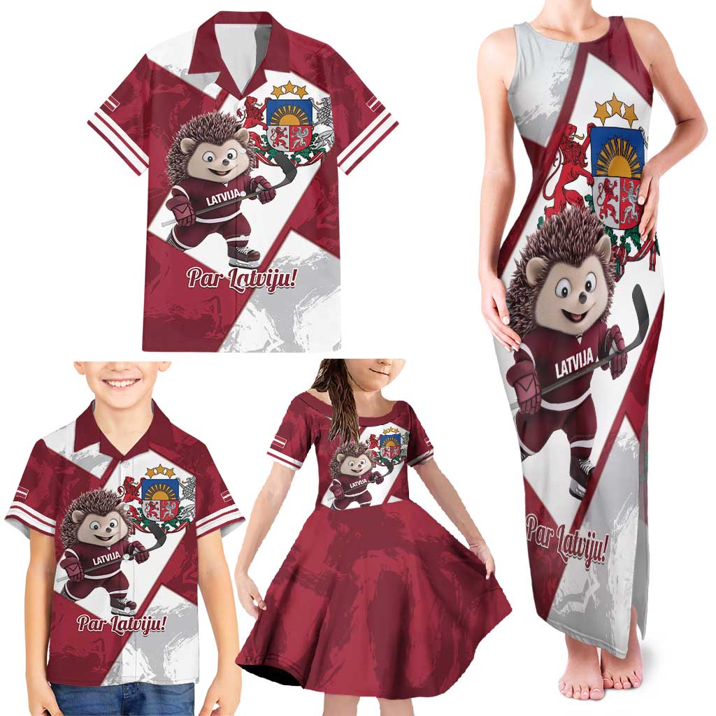 Latvia Hockey Custom Family Matching Tank Maxi Dress and Hawaiian Shirt Hedgehog Par Latviju!
