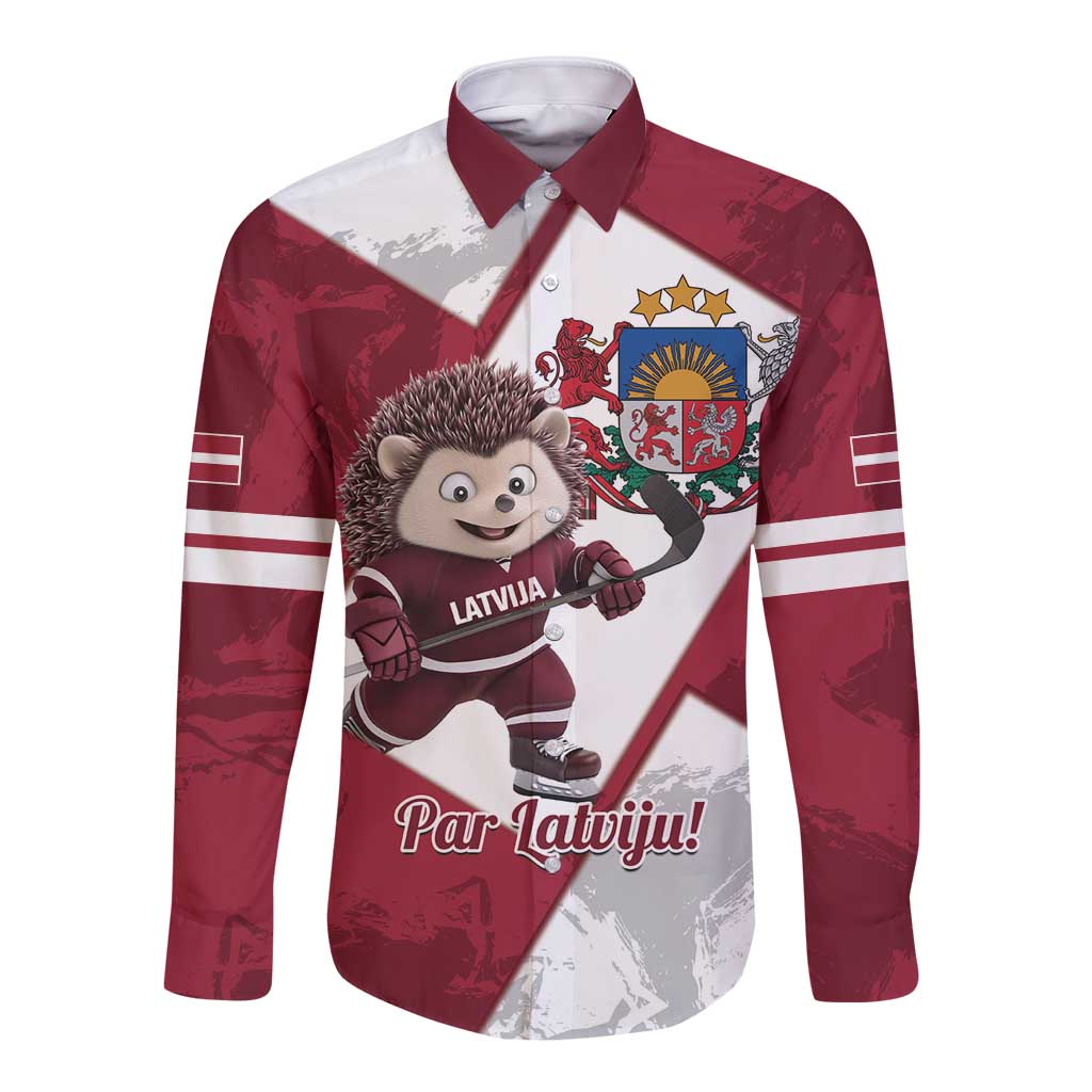 Latvia Hockey Custom Long Sleeve Button Shirt Hedgehog Par Latviju!