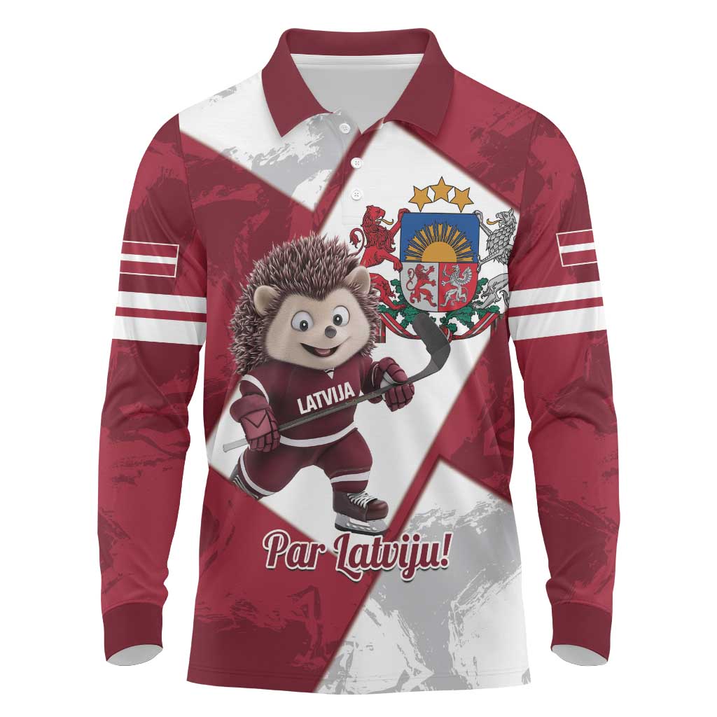 Latvia Hockey Custom Long Sleeve Polo Shirt Hedgehog Par Latviju!