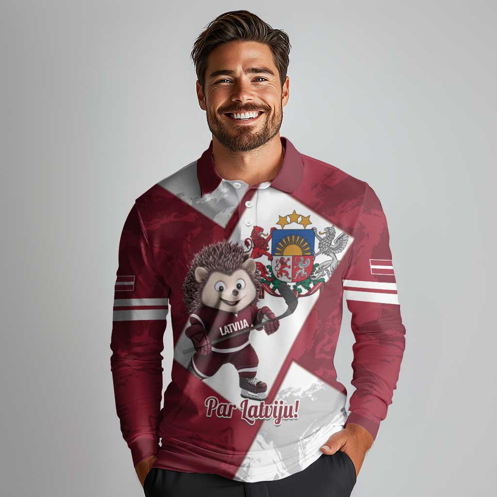Latvia Hockey Custom Long Sleeve Polo Shirt Hedgehog Par Latviju!