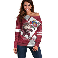 Latvia Hockey Custom Off Shoulder Sweater Hedgehog Par Latviju!