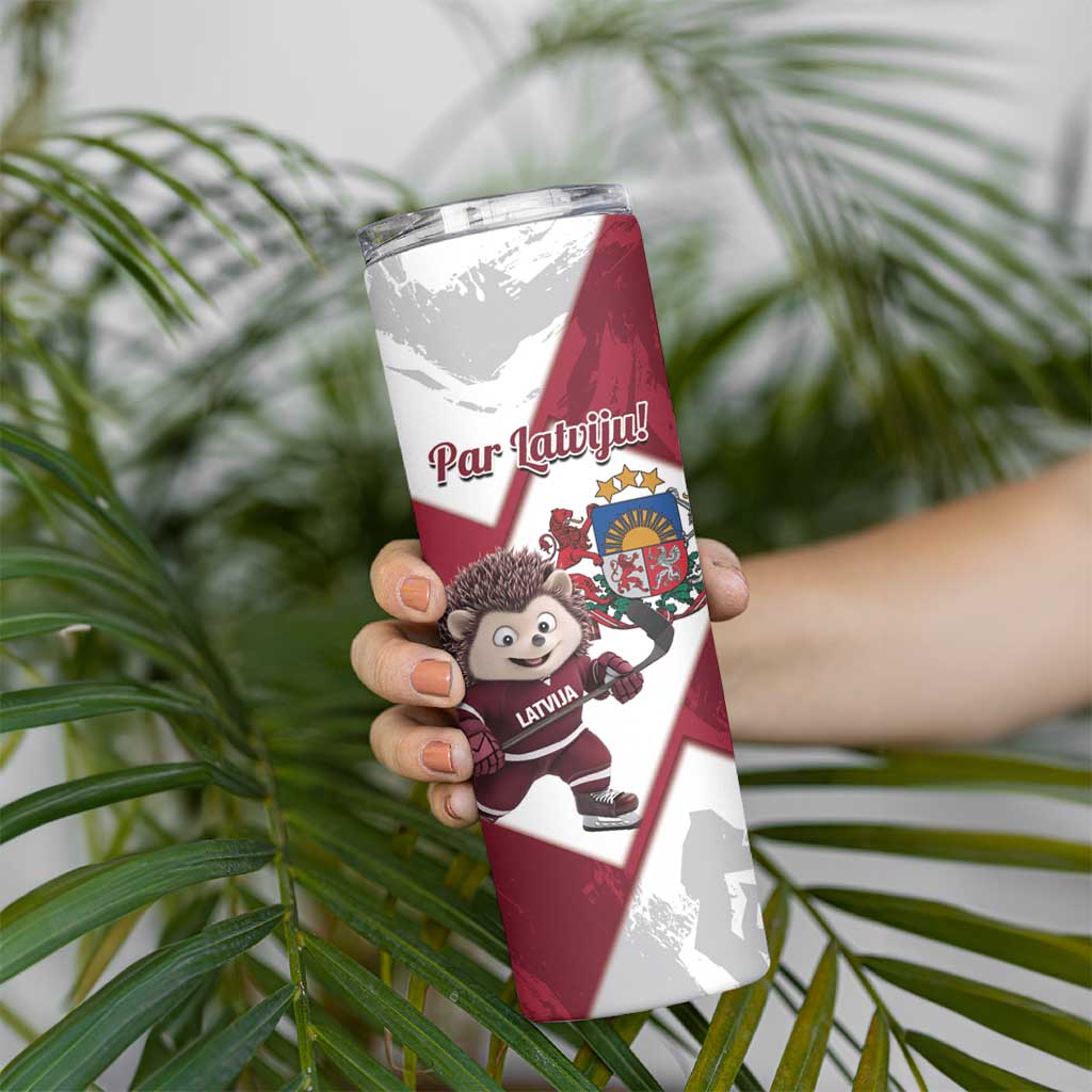 Latvia Hockey Custom Skinny Tumbler Hedgehog Par Latviju!