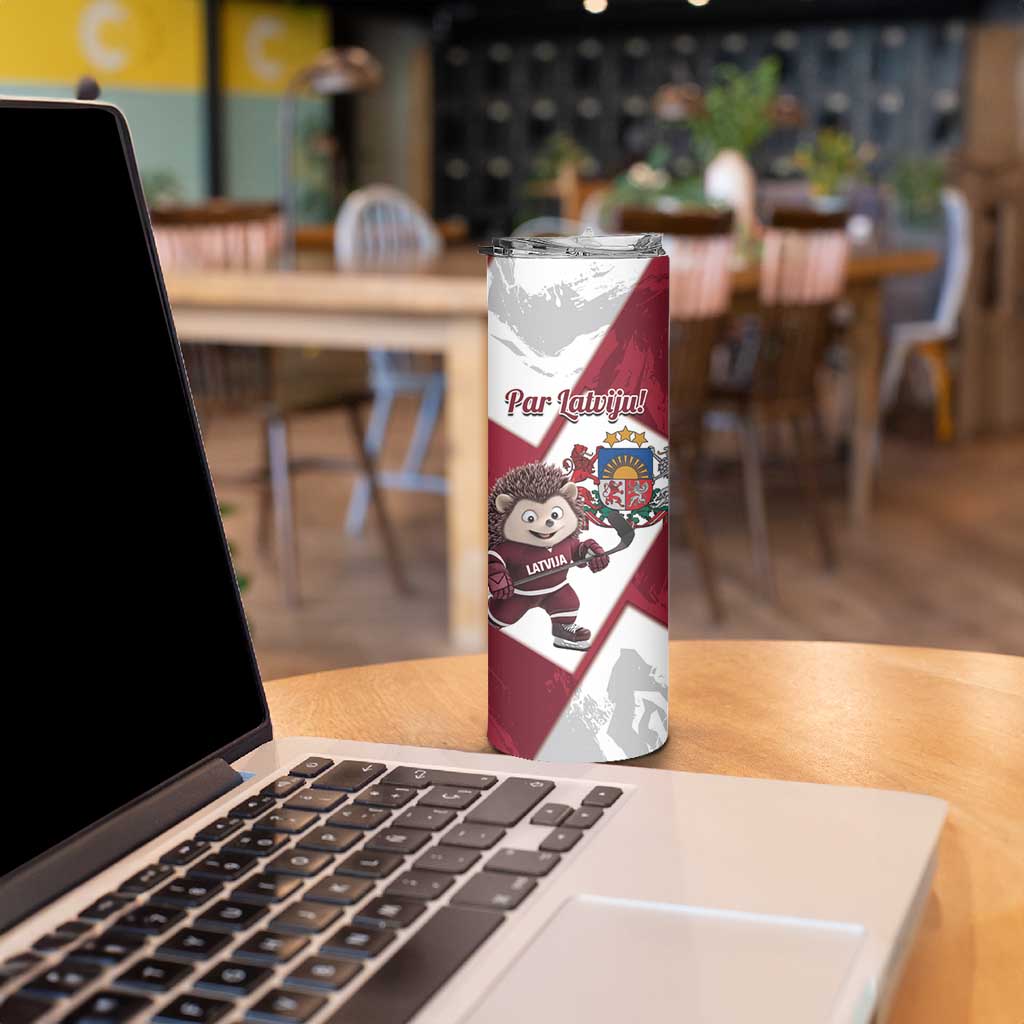 Latvia Hockey Custom Skinny Tumbler Hedgehog Par Latviju!
