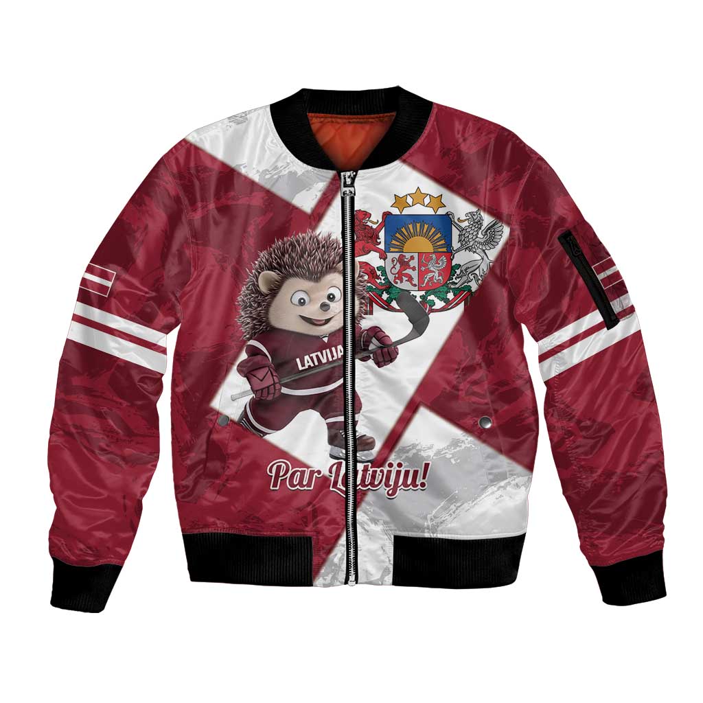 Latvia Hockey Custom Sleeve Zip Bomber Jacket Hedgehog Par Latviju!
