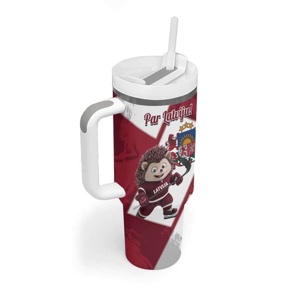 Latvia Hockey Custom Tumbler With Handle Hedgehog Par Latviju!