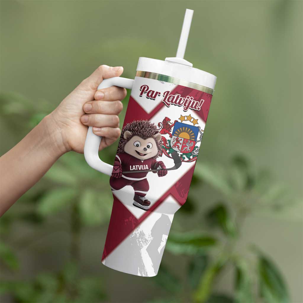 Latvia Hockey Custom Tumbler With Handle Hedgehog Par Latviju!