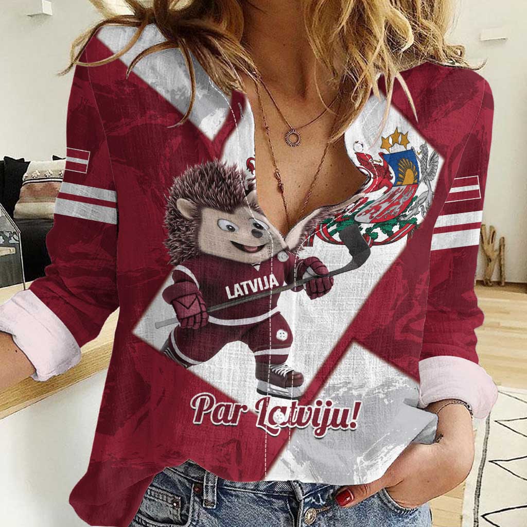 Latvia Hockey Custom Women Casual Shirt Hedgehog Par Latviju!