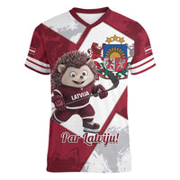 Latvia Hockey Custom Women V-Neck T-Shirt Hedgehog Par Latviju!