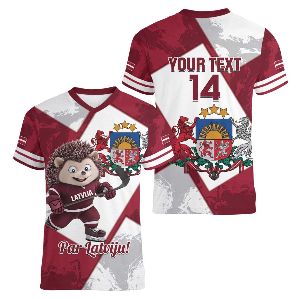 Latvia Hockey Custom Women V-Neck T-Shirt Hedgehog Par Latviju!