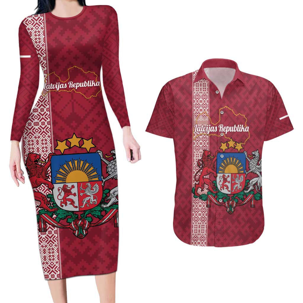 Personalised Latvia Couples Matching Long Sleeve Bodycon Dress and Hawaiian Shirt Latvijas Republika Folk Pattern