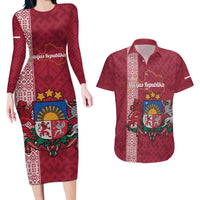 Personalised Latvia Couples Matching Long Sleeve Bodycon Dress and Hawaiian Shirt Latvijas Republika Folk Pattern
