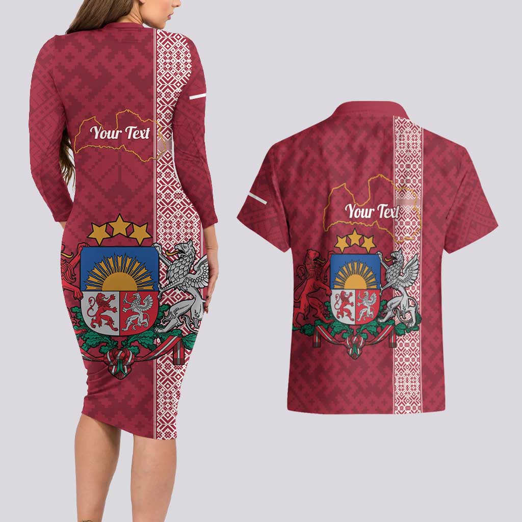 Personalised Latvia Couples Matching Long Sleeve Bodycon Dress and Hawaiian Shirt Latvijas Republika Folk Pattern