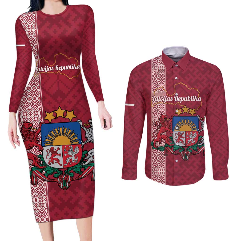 Personalised Latvia Couples Matching Long Sleeve Bodycon Dress and Long Sleeve Button Shirt Latvijas Republika Folk Pattern