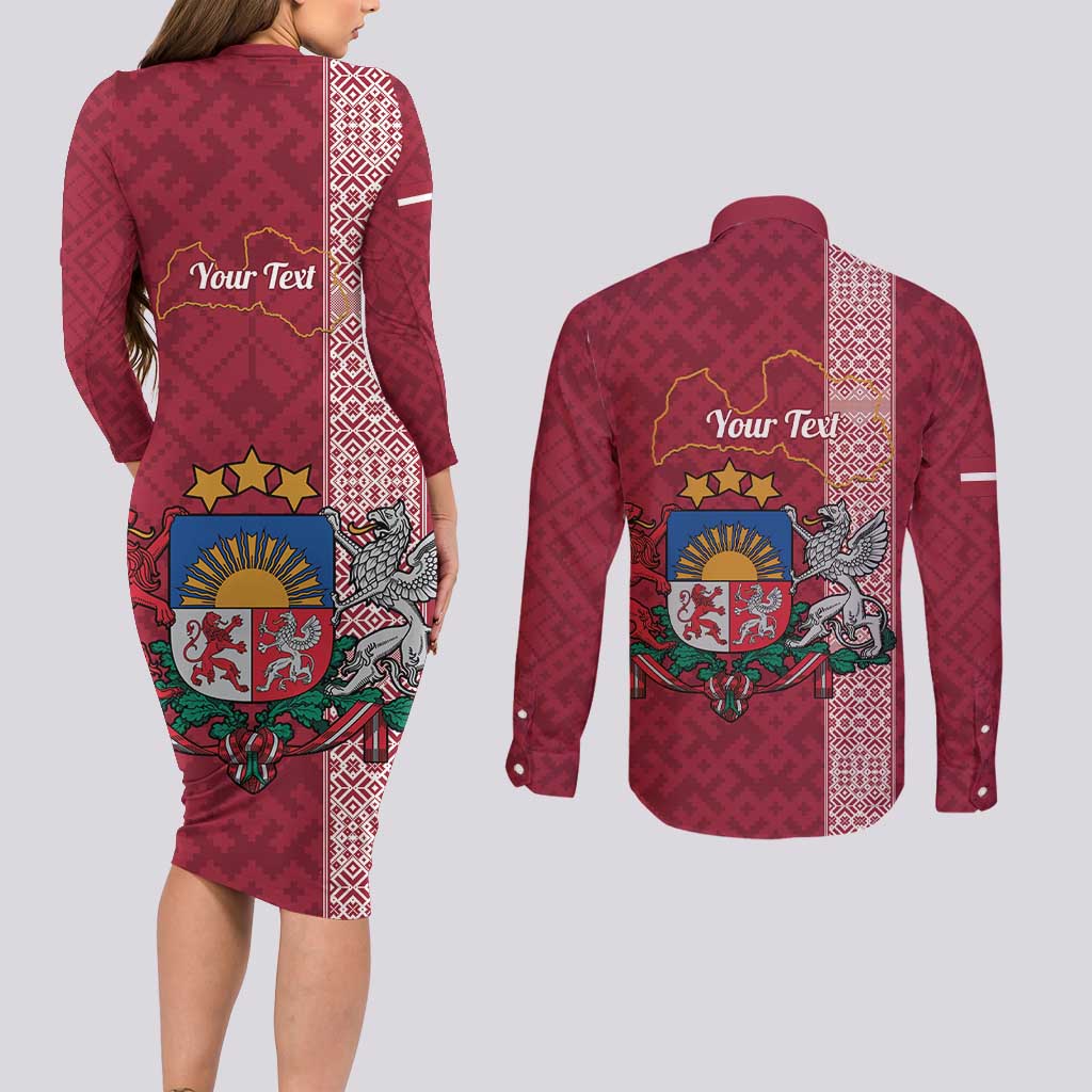 Personalised Latvia Couples Matching Long Sleeve Bodycon Dress and Long Sleeve Button Shirt Latvijas Republika Folk Pattern