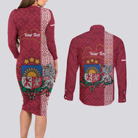 Personalised Latvia Couples Matching Long Sleeve Bodycon Dress and Long Sleeve Button Shirt Latvijas Republika Folk Pattern