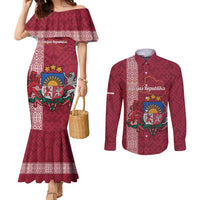 Personalised Latvia Couples Matching Mermaid Dress and Long Sleeve Button Shirt Latvijas Republika Folk Pattern