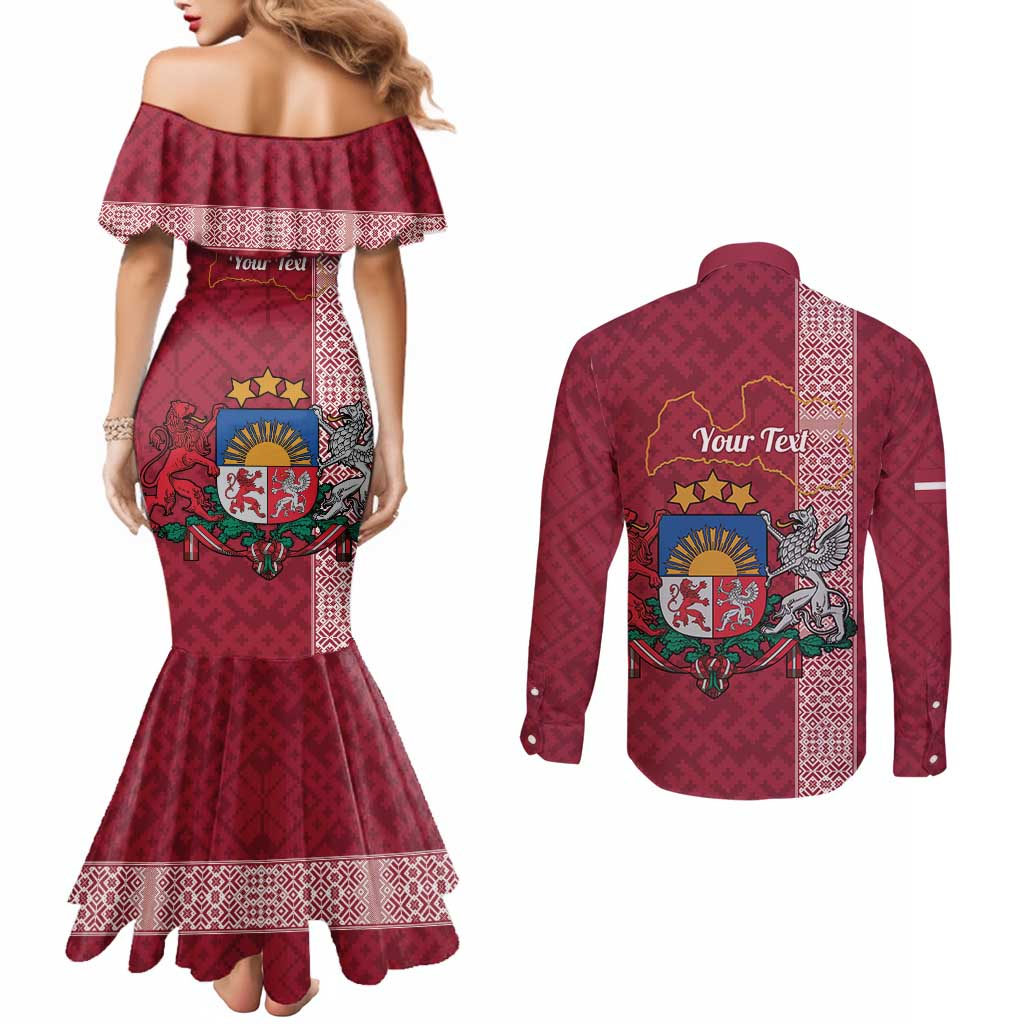 Personalised Latvia Couples Matching Mermaid Dress and Long Sleeve Button Shirt Latvijas Republika Folk Pattern