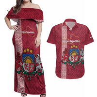 Personalised Latvia Couples Matching Off Shoulder Maxi Dress and Hawaiian Shirt Latvijas Republika Folk Pattern
