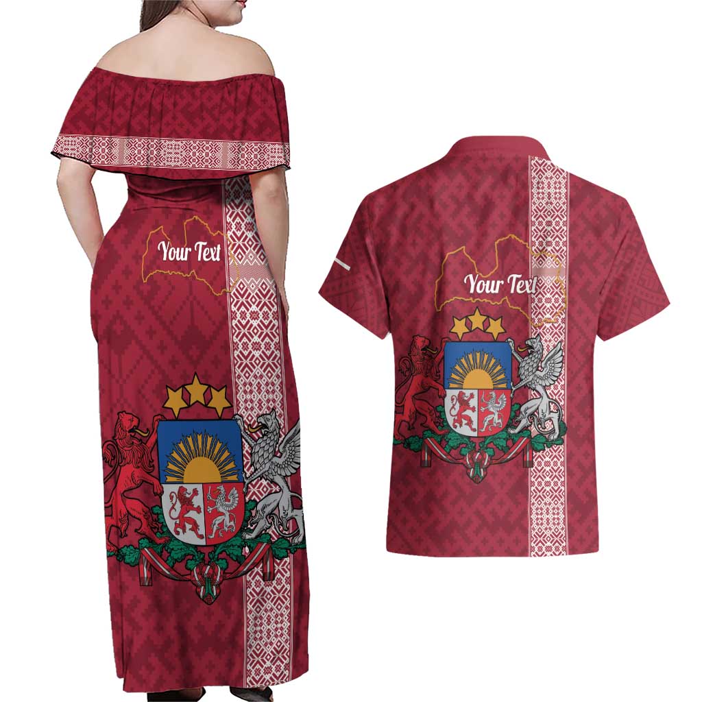 Personalised Latvia Couples Matching Off Shoulder Maxi Dress and Hawaiian Shirt Latvijas Republika Folk Pattern