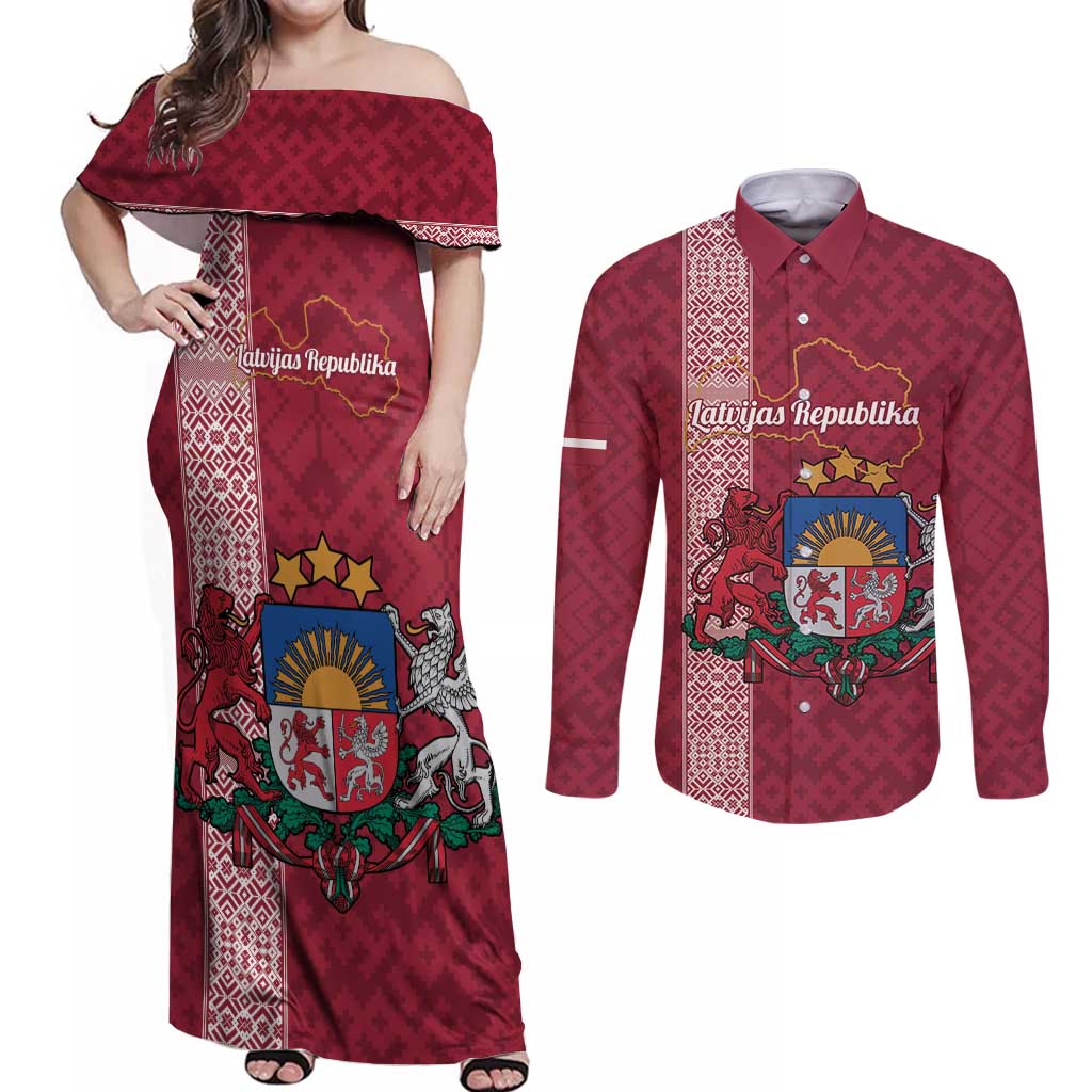 Personalised Latvia Couples Matching Off Shoulder Maxi Dress and Long Sleeve Button Shirt Latvijas Republika Folk Pattern