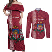 Personalised Latvia Couples Matching Off Shoulder Maxi Dress and Long Sleeve Button Shirt Latvijas Republika Folk Pattern