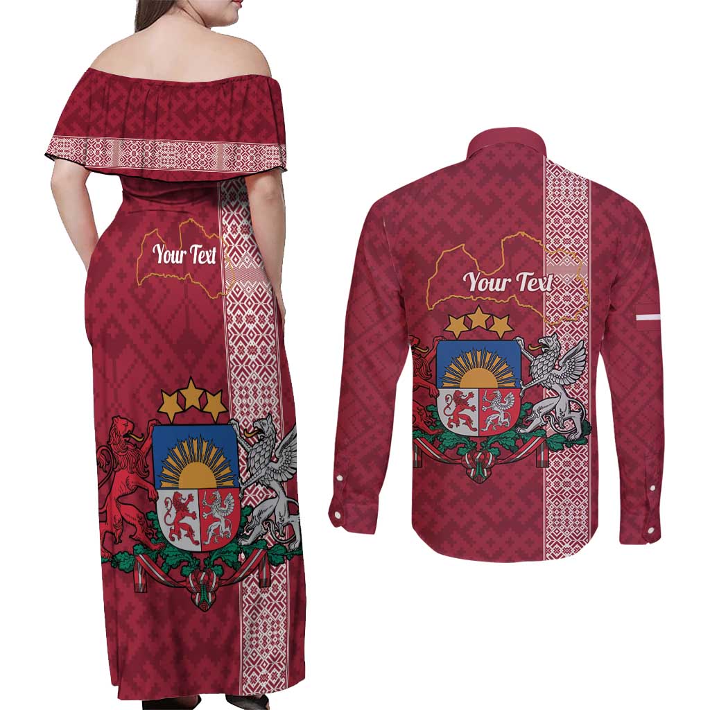 Personalised Latvia Couples Matching Off Shoulder Maxi Dress and Long Sleeve Button Shirt Latvijas Republika Folk Pattern