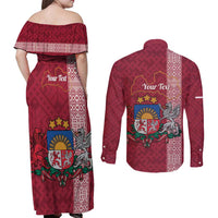 Personalised Latvia Couples Matching Off Shoulder Maxi Dress and Long Sleeve Button Shirt Latvijas Republika Folk Pattern
