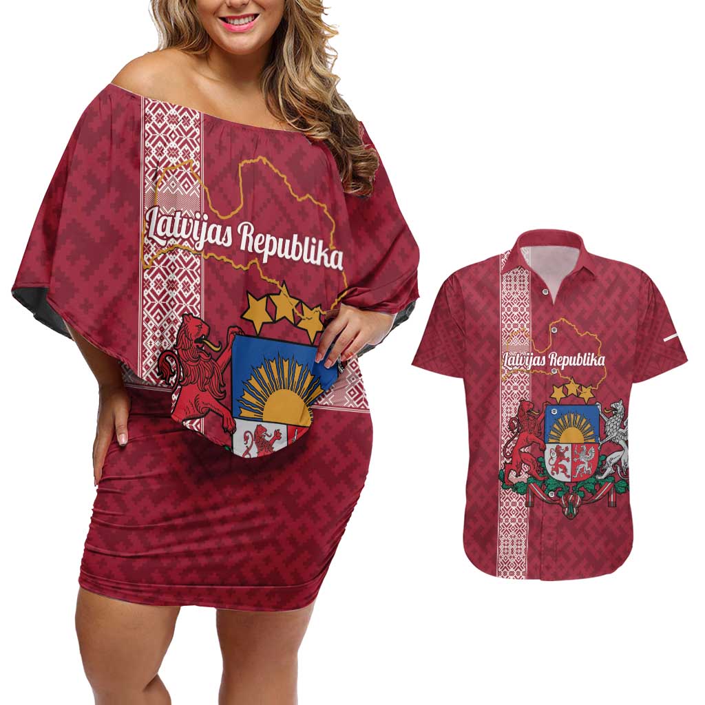 Personalised Latvia Couples Matching Off Shoulder Short Dress and Hawaiian Shirt Latvijas Republika Folk Pattern
