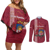 Personalised Latvia Couples Matching Off Shoulder Short Dress and Long Sleeve Button Shirt Latvijas Republika Folk Pattern