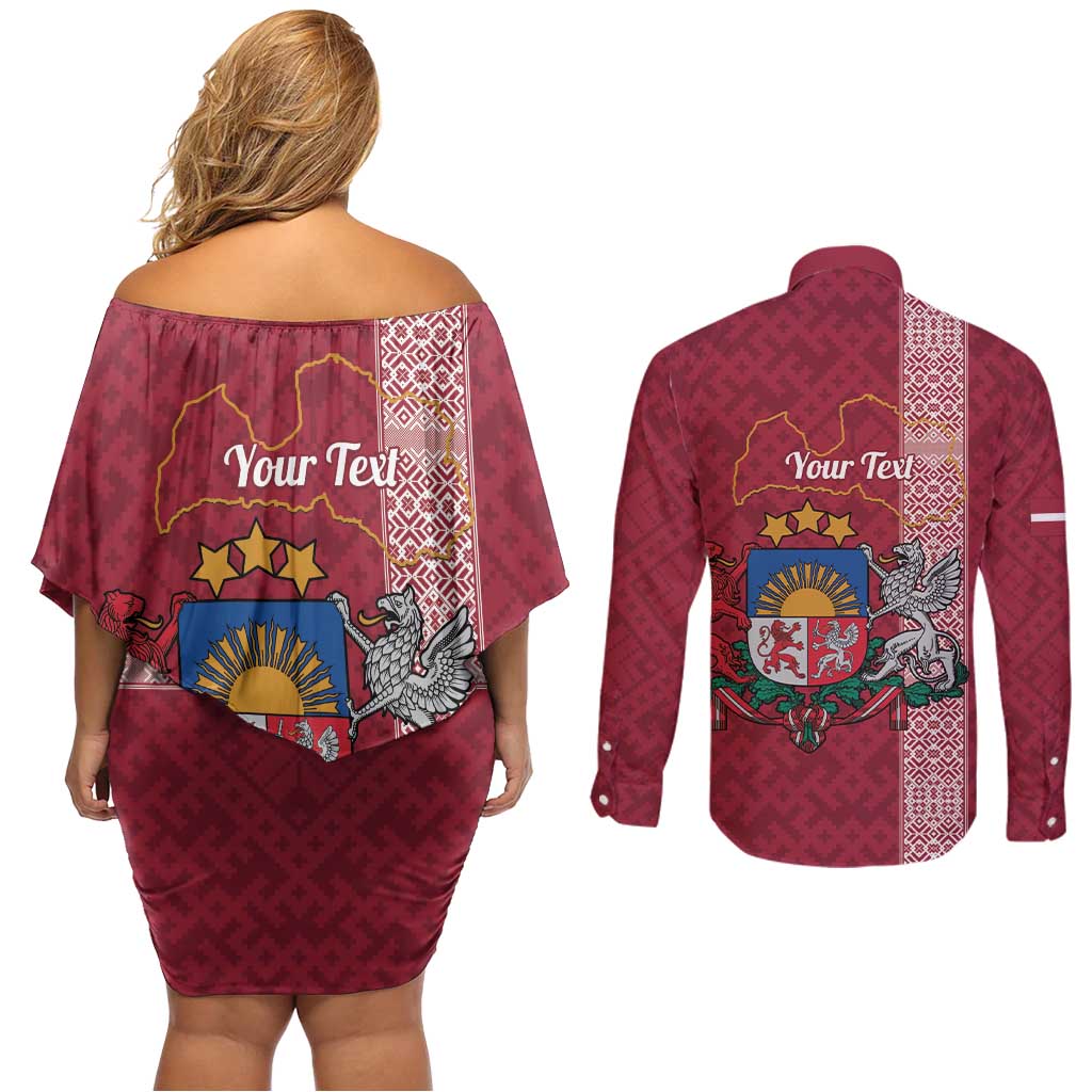 Personalised Latvia Couples Matching Off Shoulder Short Dress and Long Sleeve Button Shirt Latvijas Republika Folk Pattern