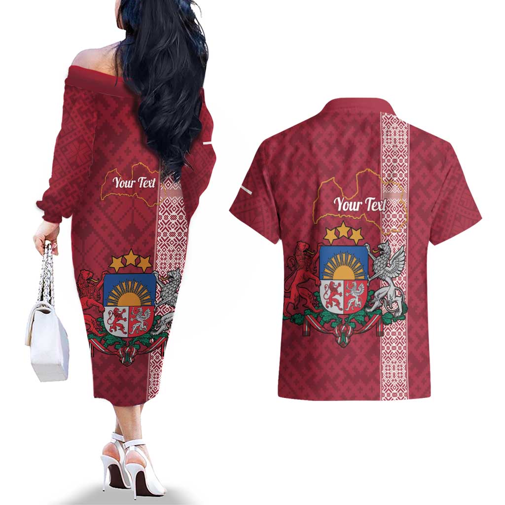 Personalised Latvia Couples Matching Off The Shoulder Long Sleeve Dress and Hawaiian Shirt Latvijas Republika Folk Pattern