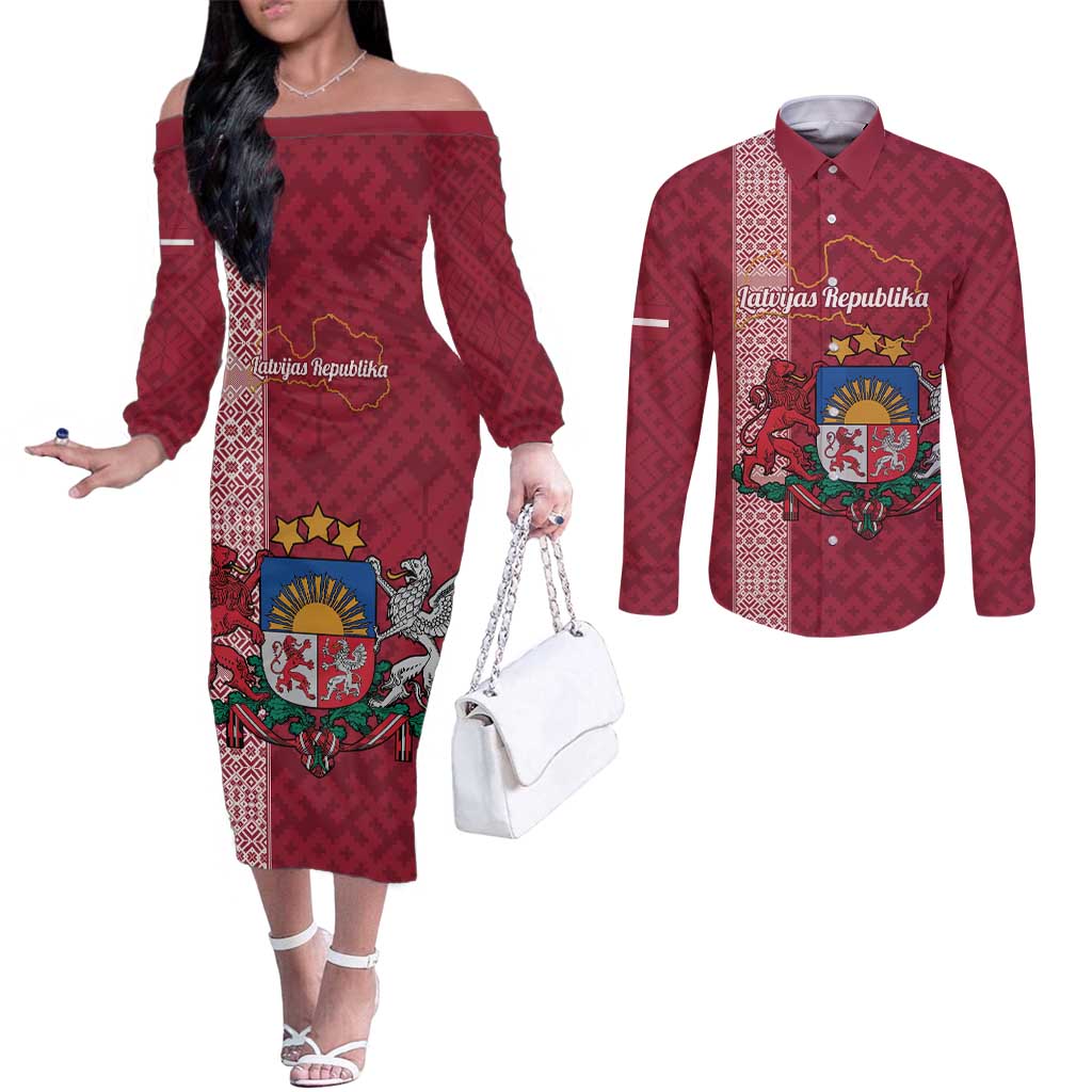 Personalised Latvia Couples Matching Off The Shoulder Long Sleeve Dress and Long Sleeve Button Shirt Latvijas Republika Folk Pattern