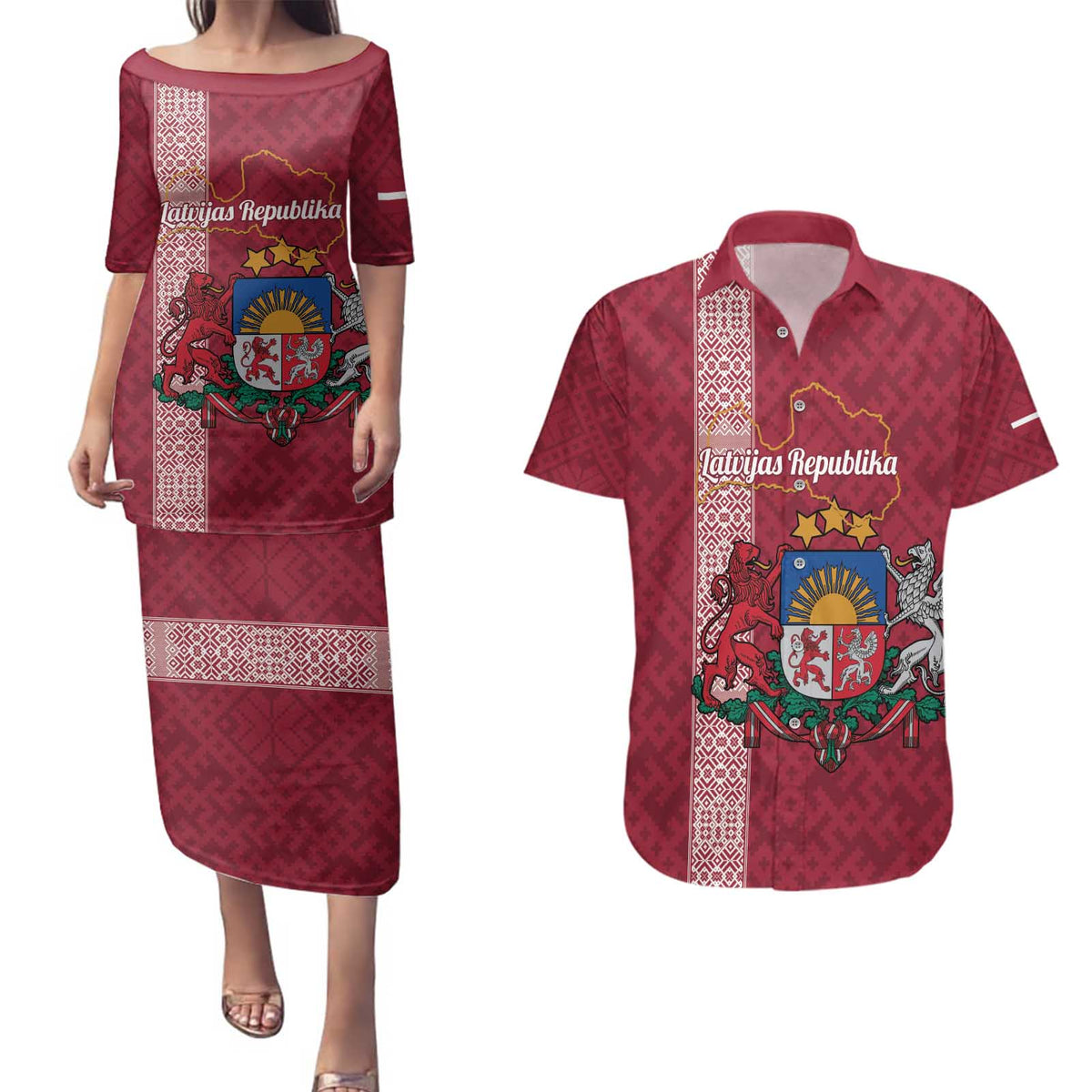 Personalised Latvia Couples Matching Puletasi and Hawaiian Shirt Latvijas Republika Folk Pattern