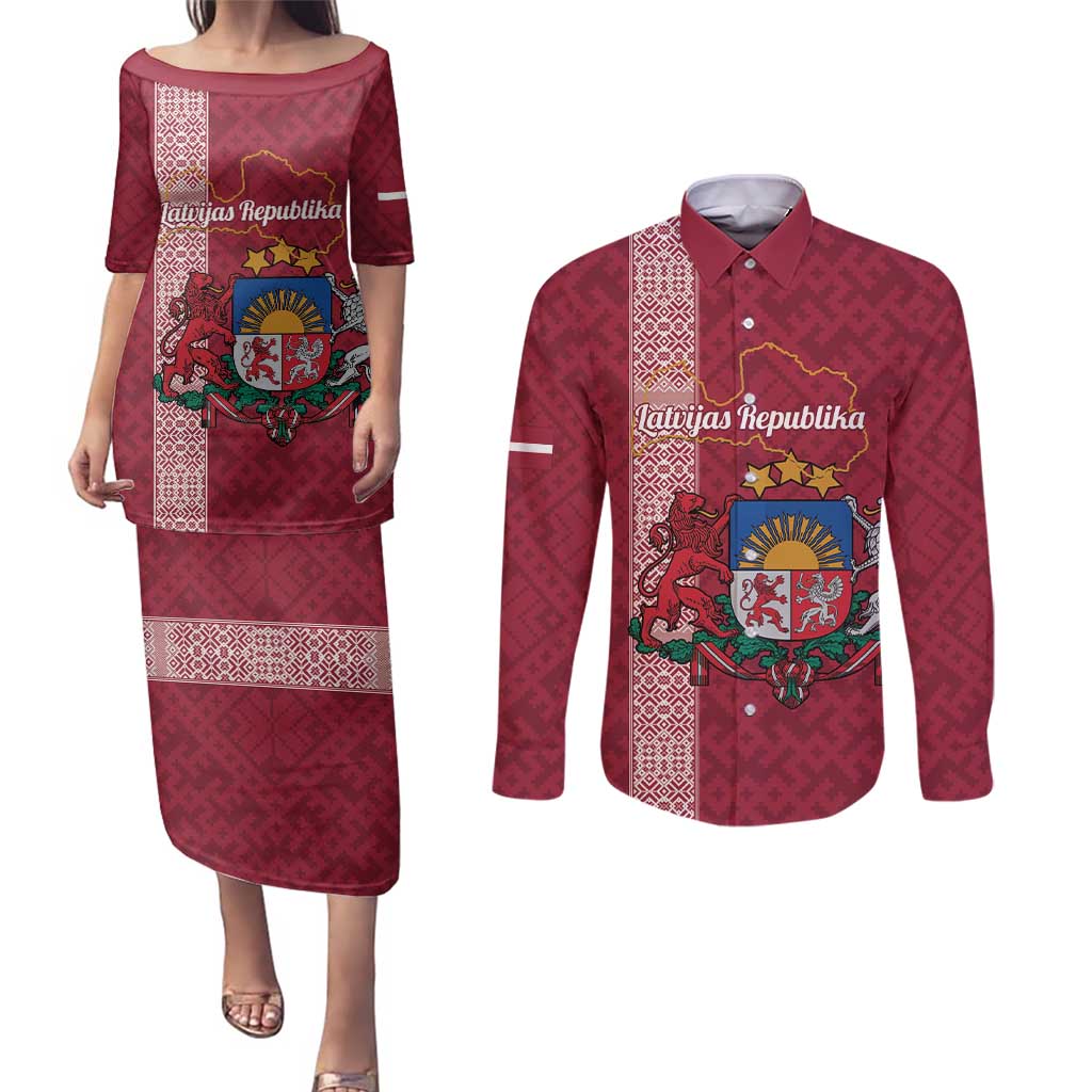 Personalised Latvia Couples Matching Puletasi and Long Sleeve Button Shirt Latvijas Republika Folk Pattern