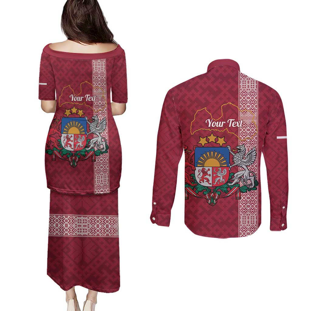 Personalised Latvia Couples Matching Puletasi and Long Sleeve Button Shirt Latvijas Republika Folk Pattern