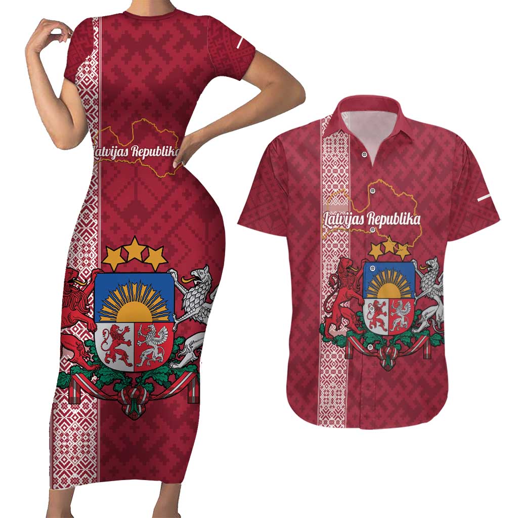 Personalised Latvia Couples Matching Short Sleeve Bodycon Dress and Hawaiian Shirt Latvijas Republika Folk Pattern