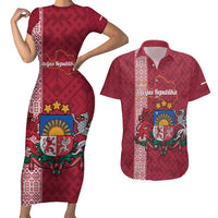 Personalised Latvia Couples Matching Short Sleeve Bodycon Dress and Hawaiian Shirt Latvijas Republika Folk Pattern