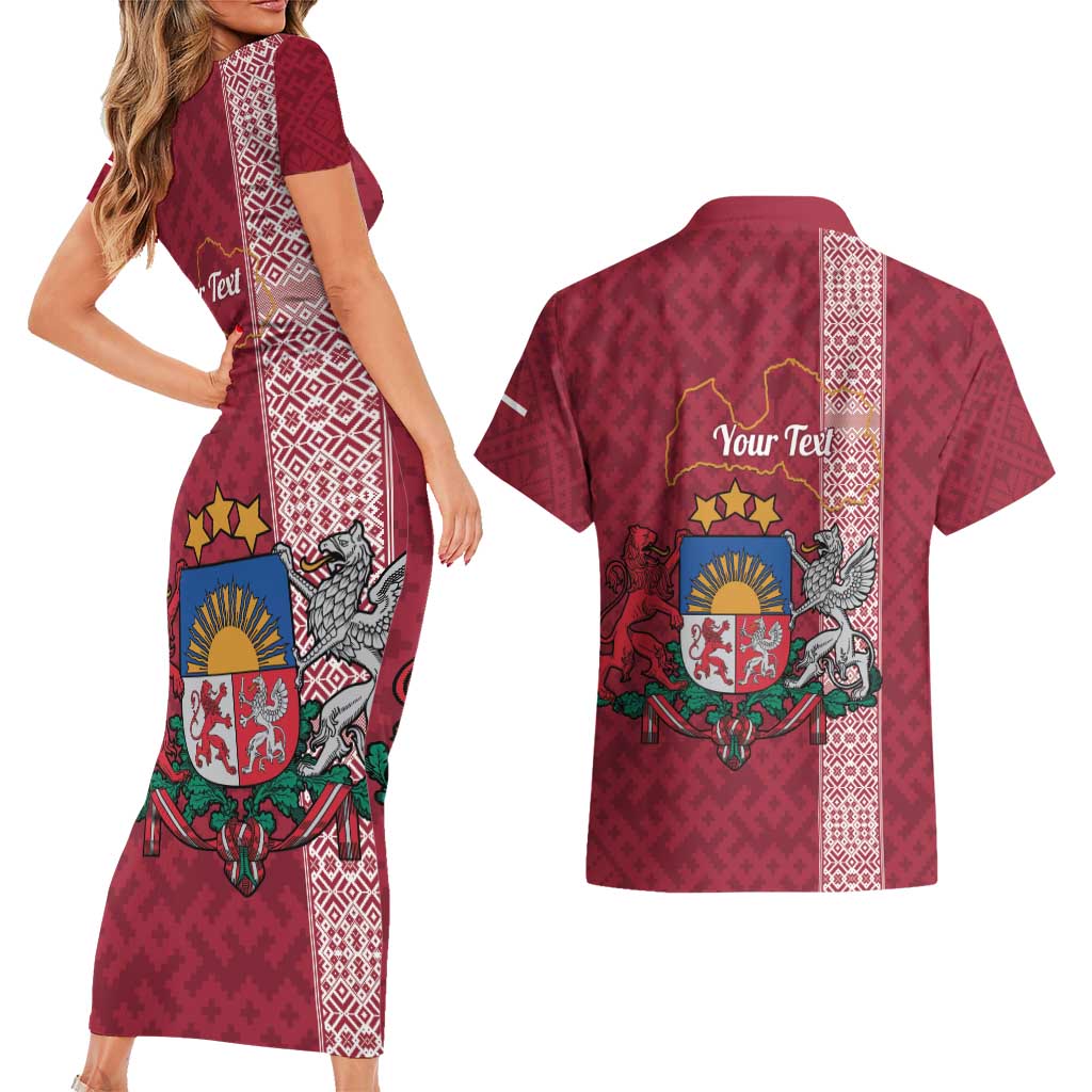 Personalised Latvia Couples Matching Short Sleeve Bodycon Dress and Hawaiian Shirt Latvijas Republika Folk Pattern