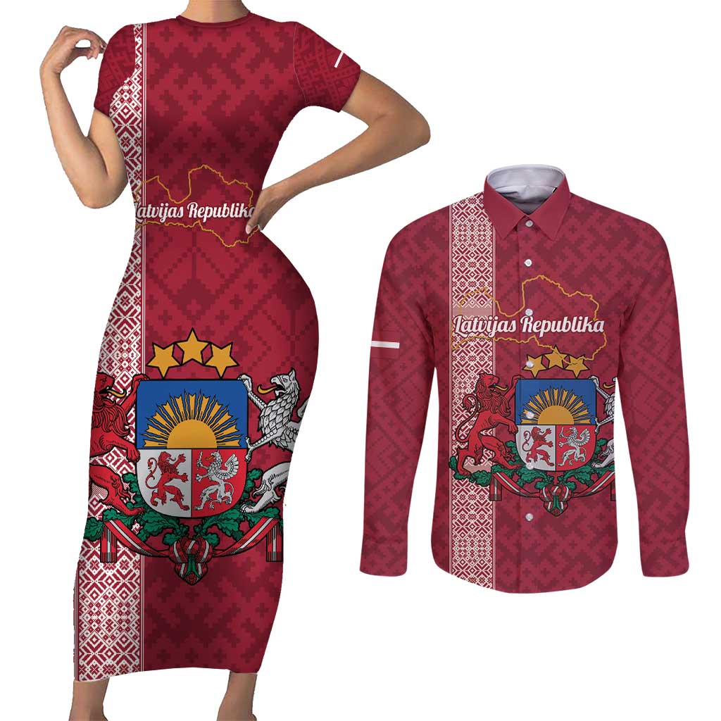 Personalised Latvia Couples Matching Short Sleeve Bodycon Dress and Long Sleeve Button Shirt Latvijas Republika Folk Pattern