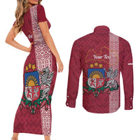 Personalised Latvia Couples Matching Short Sleeve Bodycon Dress and Long Sleeve Button Shirt Latvijas Republika Folk Pattern