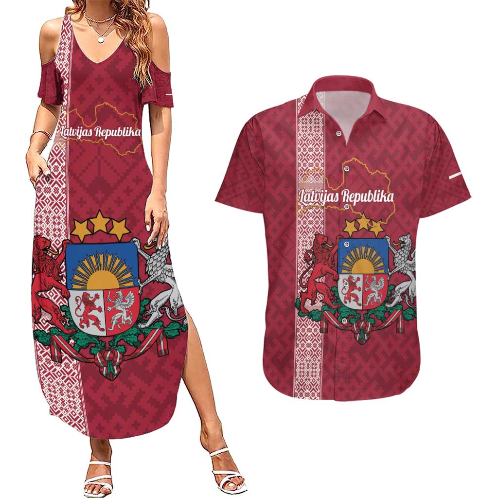 Personalised Latvia Couples Matching Summer Maxi Dress and Hawaiian Shirt Latvijas Republika Folk Pattern