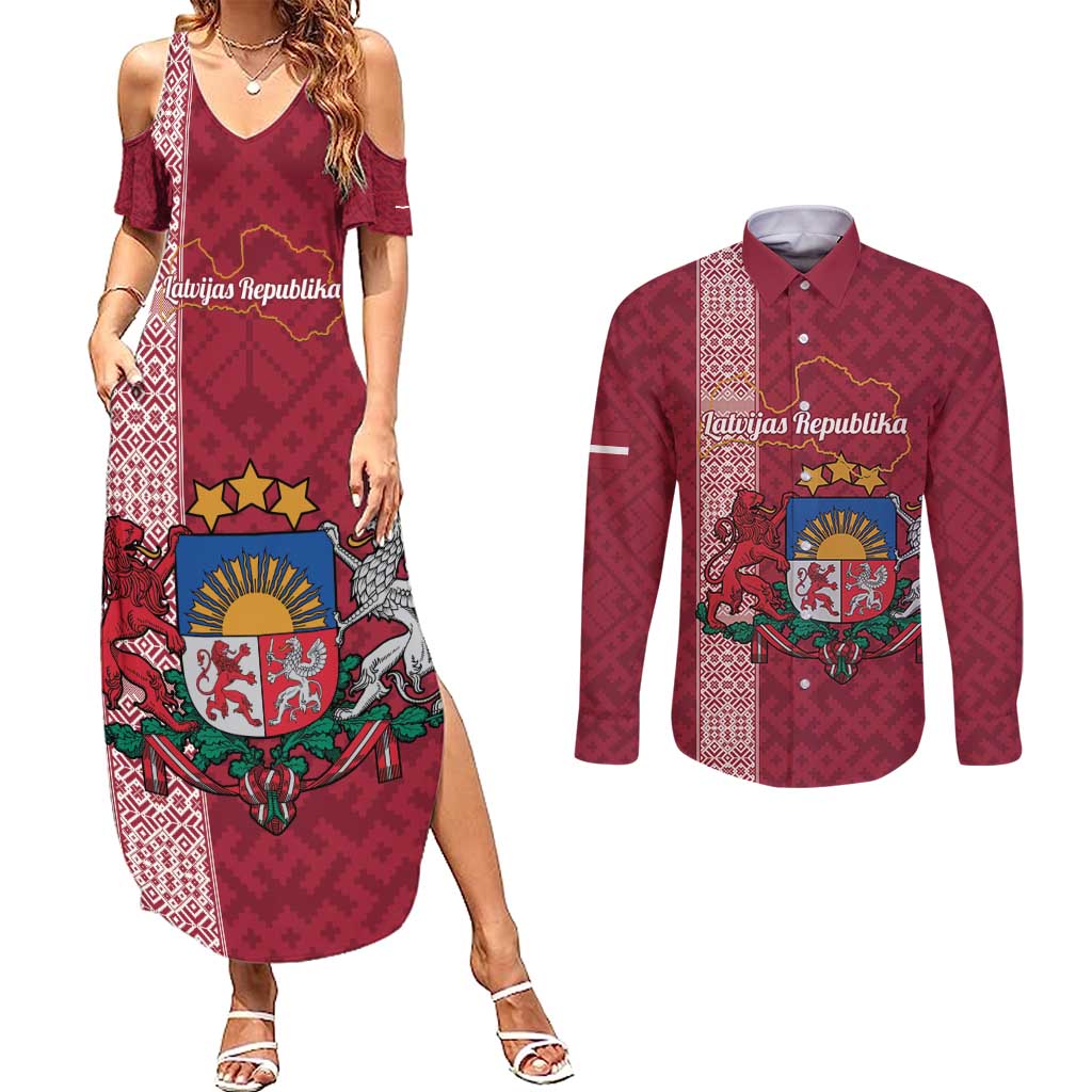 Personalised Latvia Couples Matching Summer Maxi Dress and Long Sleeve Button Shirt Latvijas Republika Folk Pattern
